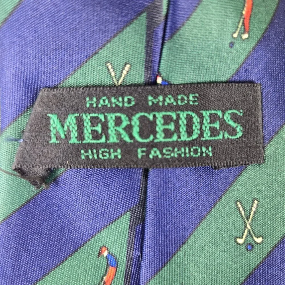 Mercedes 100% Silk Men's Tie Blue Green Diagonal Stripe Golfers Golf Club Print